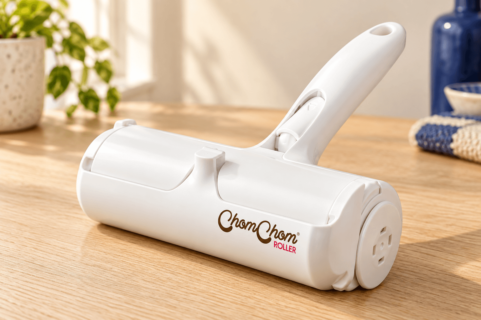 White ChomChom original pet hair roller on a warm wooden counter