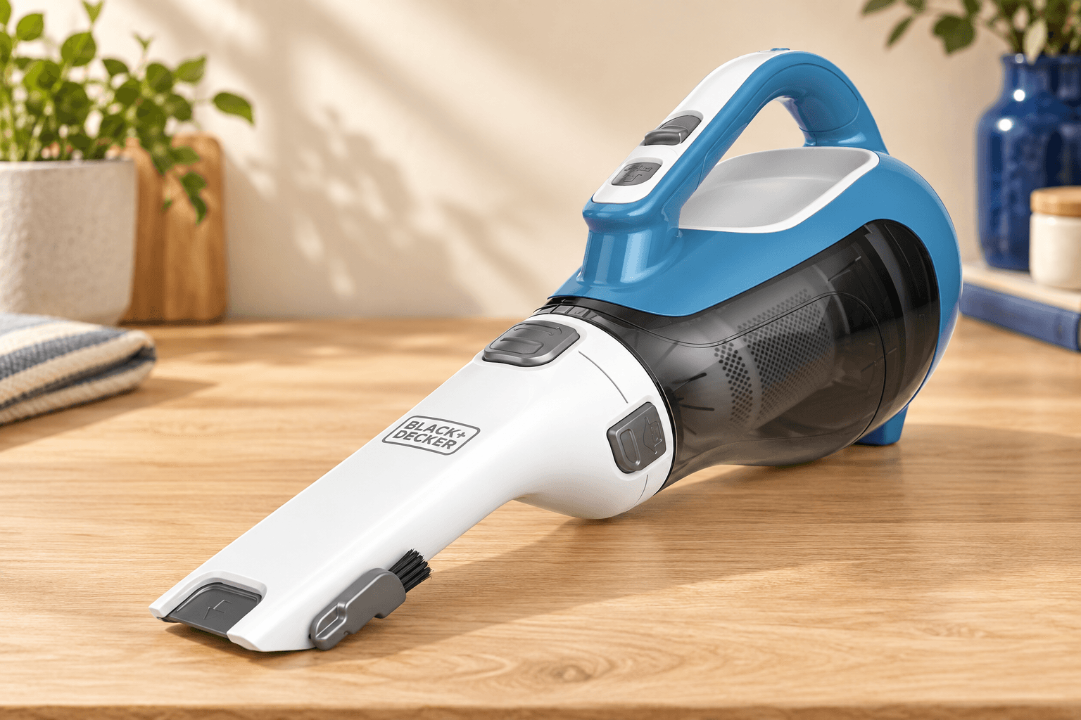 Blue and white BLACK+DECKER CHV1410L handheld vacuum on an oak counter